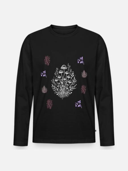 Pilze & Blütenzweig - Botanische Kunst - Männer Premium Bio Langarmshirt - Schwarz