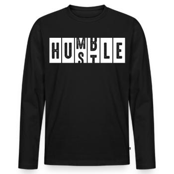 Humble Hustle Distressed Schriftzug - Männer Premium Bio Langarmshirt - Schwarz - Vorne - Nico (187cm)