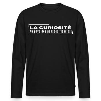 "LA CURIOSITÉ - Au Pays des Pensées Fleuries" - T-shirt manches longues Premium bio Homme - noir - Devant - Nico (187cm)