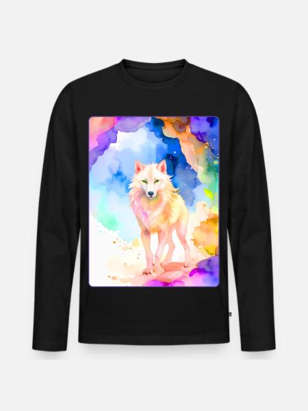 Weißer Wolf vor bunter Höhle - Männer Premium Bio Langarmshirt - Schwarz