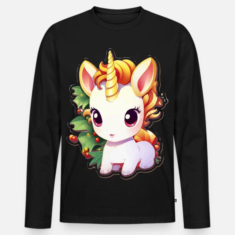 Einhorn im Festwald mit Mistel - Männer Premium Bio Langarmshirt - Schwarz