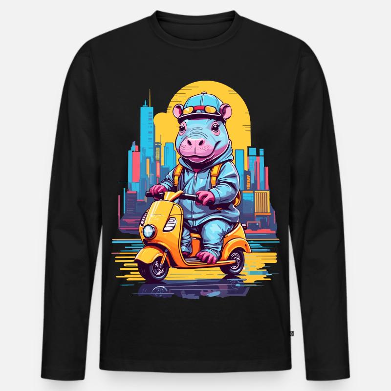 Nilpferd auf Roller - Männer Premium Bio Langarmshirt - Schwarz
