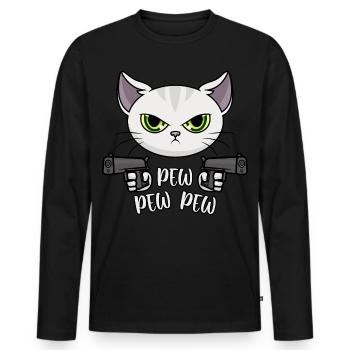 Pew Pew Pew Cat / Chat - T-shirt manches longues Premium bio Homme - noir - Devant - Nico (187cm)