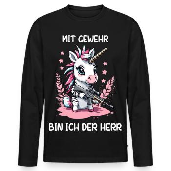 Licorne avec fusil de chasse - T-shirt manches longues Premium bio Homme - noir - Devant - Nico (187cm)