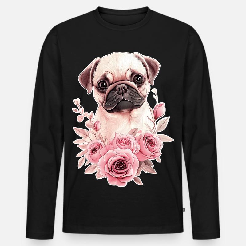 Mops mit Blumen - Männer Premium Bio Langarmshirt - Schwarz
