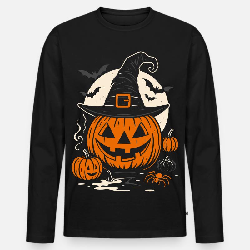 Halloween Kürbis mit Hexenhut & Spinne - Männer Premium Bio Langarmshirt - Schwarz