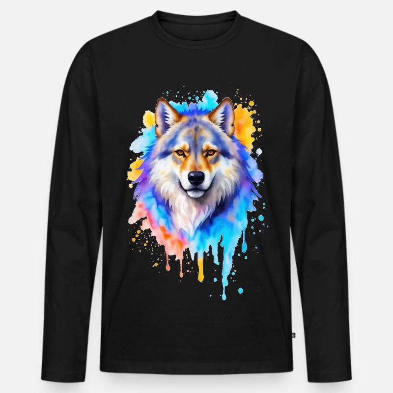 Wolf Aquarell - Männer Premium Bio Langarmshirt - Schwarz