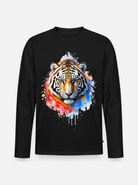 Wasserfarbener Tigerporträt - Männer Premium Bio Langarmshirt - Schwarz