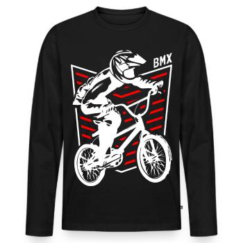 Bmx Badge | Bmx Cyclist Red | Bmx Bike - Men's Premium Organic Long Sleeve Shirt - black - Front - Nico (187cm)