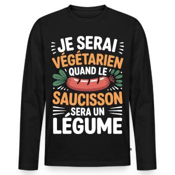 Humour Saucisson – Jamais Végétarien - T-shirt manches longues Premium bio Homme - noir - Devant - Nico (187cm)