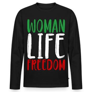 Femme Vie Liberté Femmes Femmes Droits des femmes Iran - T-shirt manches longues Premium bio Homme - noir - Devant - Nico (187cm)