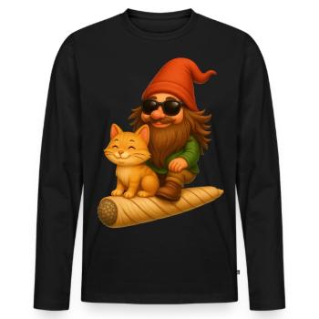 Cooler Zwerg mit Katze auf Joint fliegend - Weed - Männer Premium Bio Langarmshirt - Schwarz - Vorne - Nico (187cm)