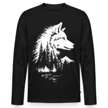 Wolf Gesicht Wald Silhouette im Schwarz-Weiß-Stil - Männer Premium Bio Langarmshirt - Schwarz - Vorne - Nico (187cm)