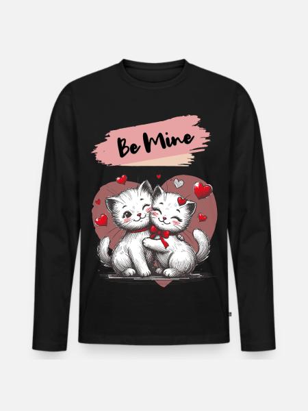 Be Mine Cat Cuddle with Hearts - Men's Premium Organic Long Sleeve Shirt - black