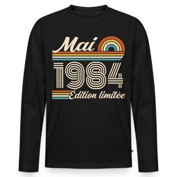 Cadeau Anniversaire 42 ans - Né mai 1984 - T-shirt manches longues Premium bio Homme - noir - Devant - Nico (187cm)