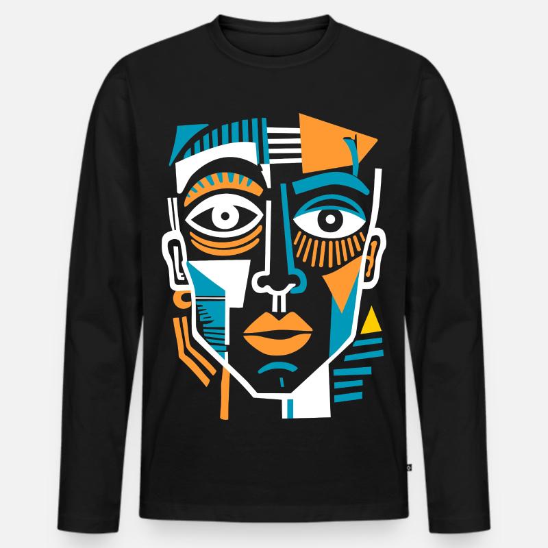 Buntes kubistisches Gesicht - Männer Premium Bio Langarmshirt - Schwarz