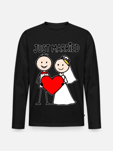 Bruidspaar Cartoon Heart Net Getrouwd - Mannen Premium Bio shirt met lange mouwen - zwart