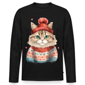 Winterkatze im Strickpullover - Männer Premium Bio Langarmshirt - Schwarz - Vorne - Nico (187cm)