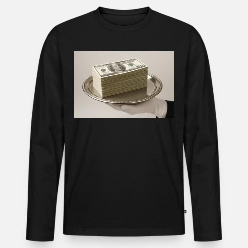 Stapel Geldscheine auf einem silbernen Tablett - Männer Premium Bio Langarmshirt - Schwarz