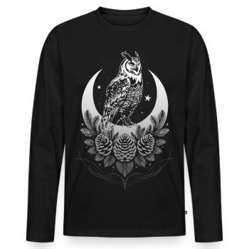 Owl with crescent moon, fir tree and cone - Men's Premium Organic Long Sleeve Shirt - black - Front - Nico (187cm)