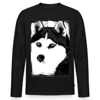 Schwarz-Weiß Husky Porträt auf Textil - Männer Premium Bio Langarmshirt - Schwarz - Vorne - Nico (187cm)