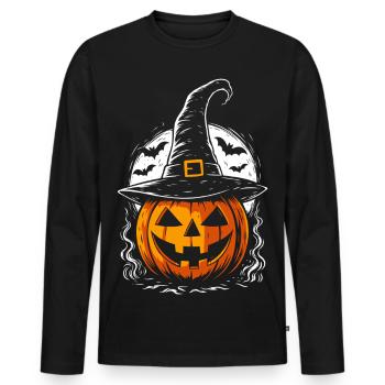 Spooky pumpkin with witch hat & full moon - Men's Premium Organic Long Sleeve Shirt - black - Front - Nico (187cm)