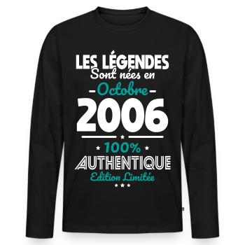 Anniversaire 20 ans - Légendes nées Octobre 2006 - T-shirt manches longues Premium bio Homme - noir - Devant - Nico (187cm)