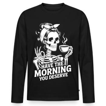 Kaffeekick Skelett Morgenritual - Männer Premium Bio Langarmshirt - Schwarz - Vorne - Nico (187cm)