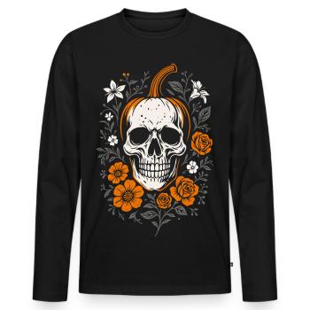 Floral pumpkin head with skull - Halloween - Men's Premium Organic Long Sleeve Shirt - black - Front - Nico (187cm)