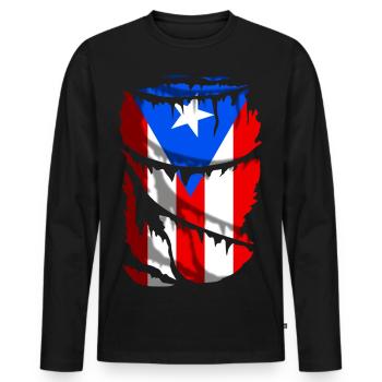 Flagge von Puerto Rico, Broken Fabric Effekt - Männer Premium Bio Langarmshirt - Schwarz - Vorne - Nico (187cm)