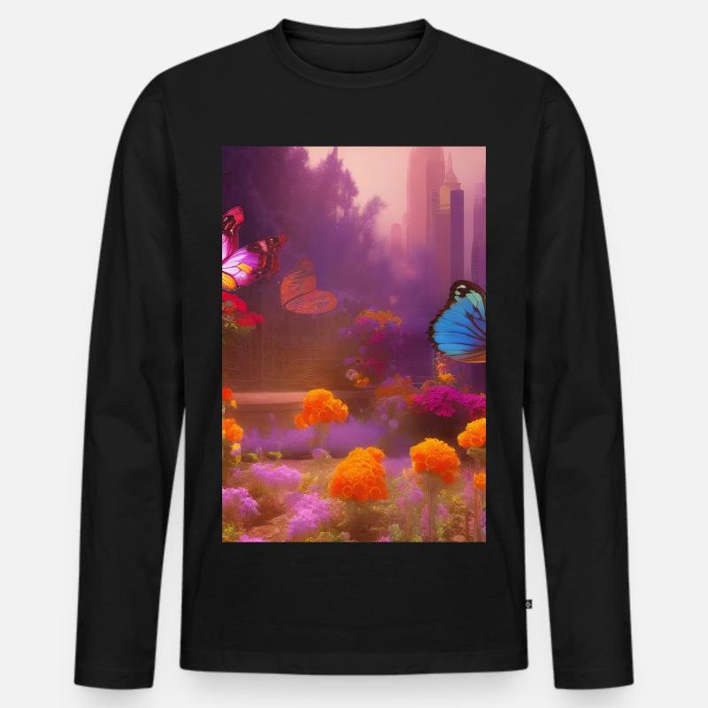 Blumen und Schmetterling - Männer Premium Bio Langarmshirt - Schwarz