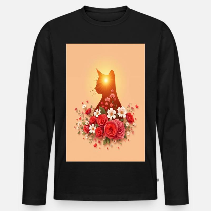 Katze mit Rosen - Männer Premium Bio Langarmshirt - Schwarz