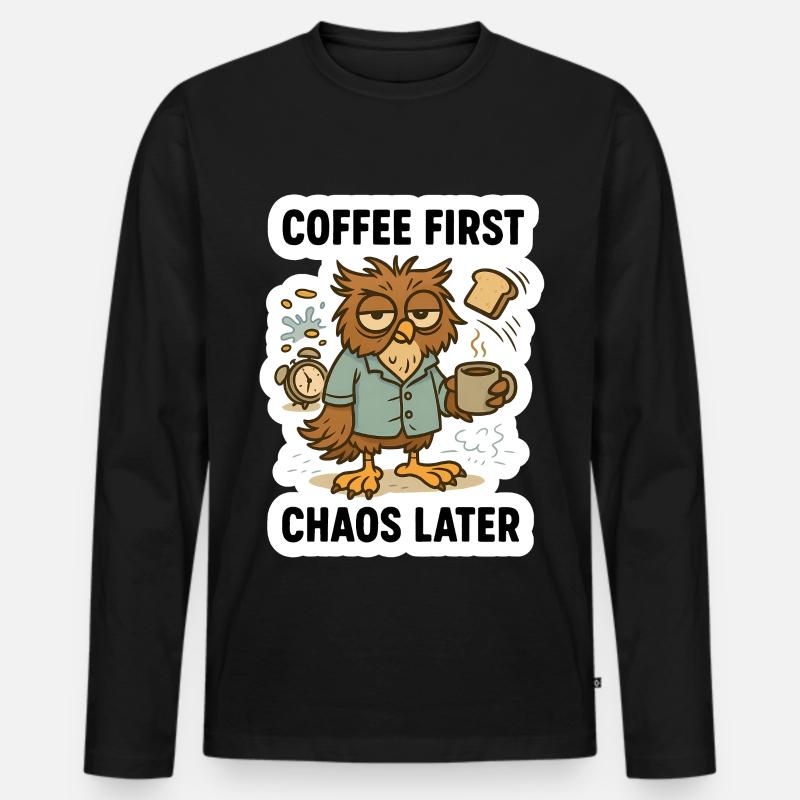 Kaffee zuerst Eule - Männer Premium Bio Langarmshirt - Schwarz