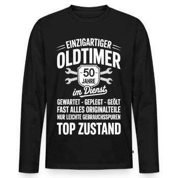 50 years of service - Men's Premium Organic Long Sleeve Shirt - black - Front - Nico (187cm)
