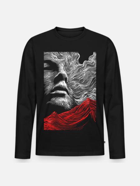 Gesicht Linien mit roter Bergsilhouette - Männer Premium Bio Langarmshirt - Schwarz