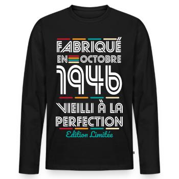 80-jähriges Jubiläum – Hergestellt im Oktober 1946 - Männer Premium Bio Langarmshirt - Schwarz - Vorne - Nico (187cm)