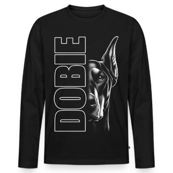 Dobermann Porträt mit vertikalem Schriftzug DOBIE - Männer Premium Bio Langarmshirt - Schwarz - Vorne - Nico (187cm)