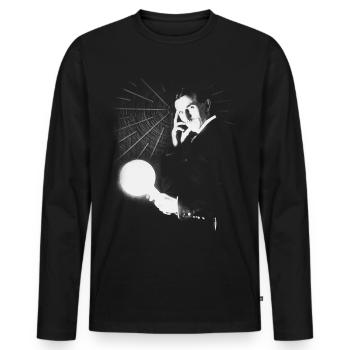 Nikola Tesla avec ampoule et bobine Tesla - T-shirt manches longues Premium bio Homme - noir - Devant - Nico (187cm)