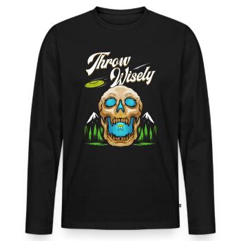 Jeter avec sagesse - Cadeau de conception de crâne de disque de golf - T-shirt manches longues Premium bio Homme - noir - Devant - Nico (187cm)