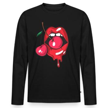 Rote Lippen und zwei Kirschen - Männer Premium Bio Langarmshirt - Schwarz - Vorne - Nico (187cm)