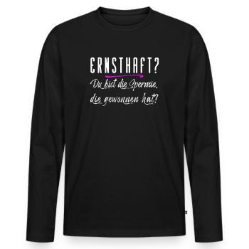 Du bist die Spermie, die gewonnen hat? Spaß Shirt - Männer Premium Bio Langarmshirt - Schwarz - Vorne - Nico (187cm)