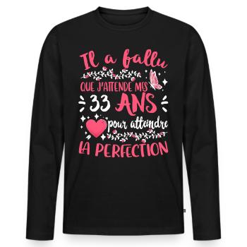 Anniv 33 ans Anniversaire Humour - T-shirt manches longues Premium bio Homme - noir - Devant - Nico (187cm)