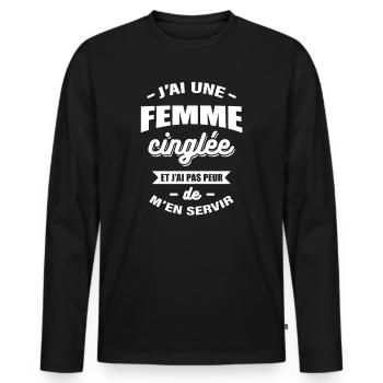 J'AI UNE FEMME CINGLÉE - T-shirt manches longues Premium bio Homme - noir - Devant - Nico (187cm)