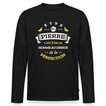 PIERRE PARFAIT - NOM PIERRE - T-shirt manches longues Premium bio Homme - noir - Devant - Nico (187cm)