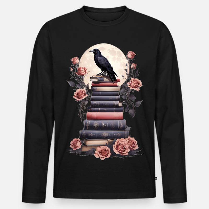 Bücherstapel mit Rabe - Männer Premium Bio Langarmshirt - Schwarz