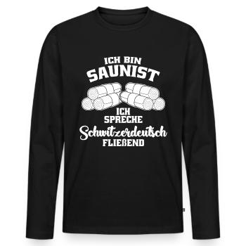 Sauna Wellness Spruch - Schwitzerdeutsch - Männer Premium Bio Langarmshirt - Schwarz - Vorne - Nico (187cm)