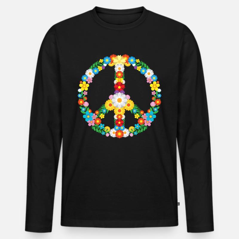 Peace Zeichen Blumen 60s Frieden - Männer Premium Bio Langarmshirt - Schwarz
