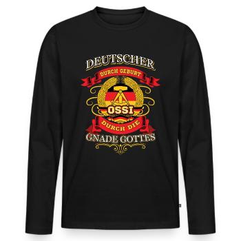 Ossi durch die Gnade Gottes - Ossi Design Ostdeuts - Männer Premium Bio Langarmshirt - Schwarz - Vorne - Nico (187cm)