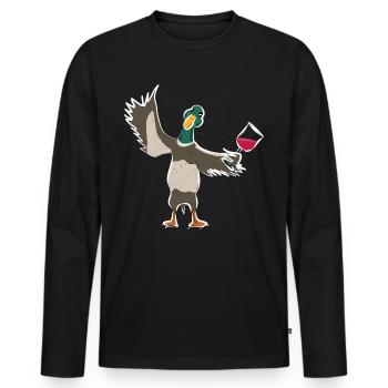 Süße Ente Entchen mit Rotwein lädt zum trinken ein - Männer Premium Bio Langarmshirt - Schwarz - Vorne - Nico (187cm)