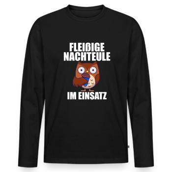 Fleißige Nachteule im Einsatz - Männer Premium Bio Langarmshirt - Schwarz - Vorne - Nico (187cm)
